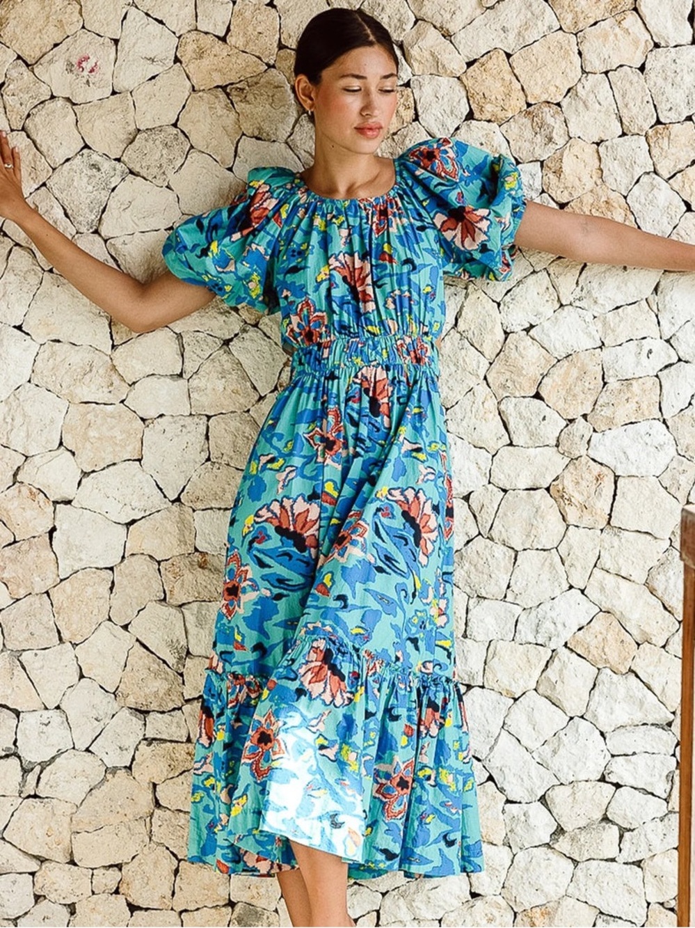 Cleobella Misha Calypso Floral Blue Cut Out Waist Tie Ankle Midi Dress EUC Sz S
